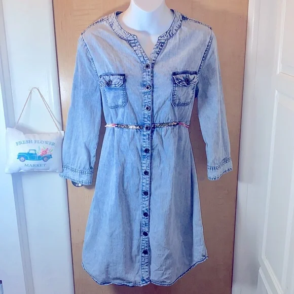 knee length denim dress uk Nidddiv Women's Shirt Blue Button Spring Dress with Pocket Daily Jean A Line Swing Dress Fashion dresses for plus size Color:As pic Full Size Button Front